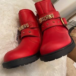 Moschino Kid Rosso Red Leather Motor Style Boot Size 25